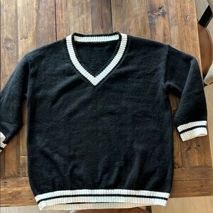 Black V-Neck Sweater with White Trim